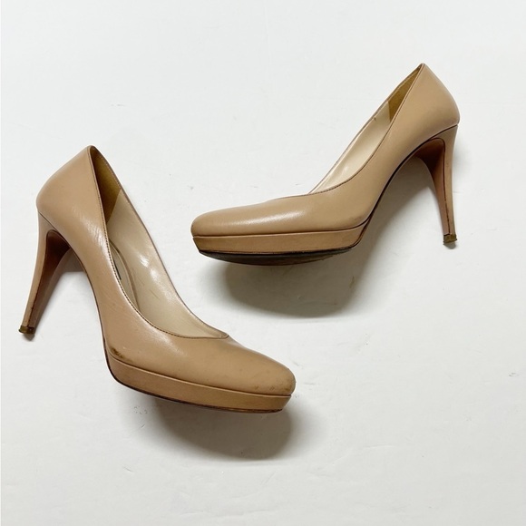 Prada Shoes - Prada Womens Nude Tan Leather Calzature Donna Platform Heeled Pump Size 37.5